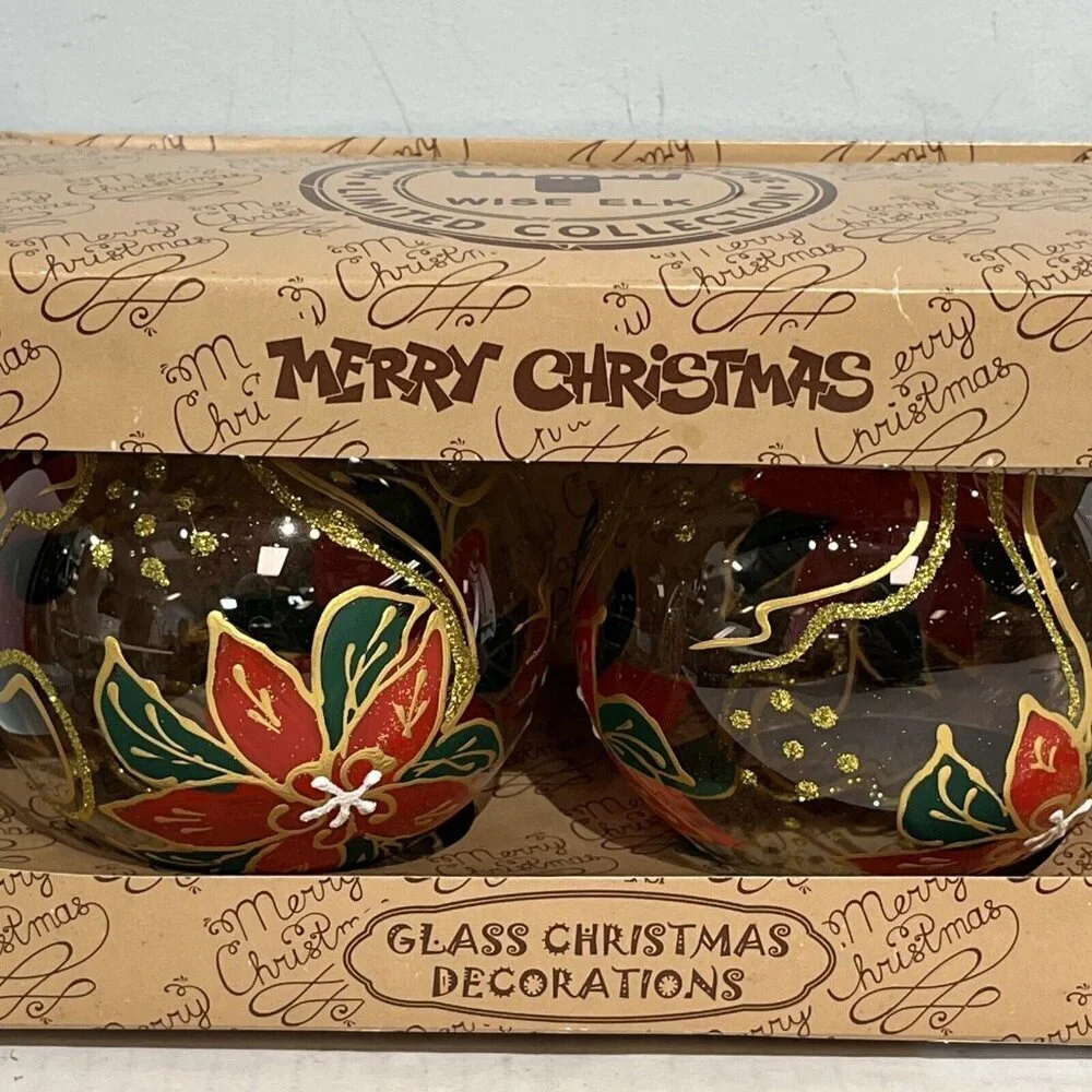 Wise Elk Glass Christmas‎ Ornaments Poinsettia Set Of 2  Bulbs Clear Painted